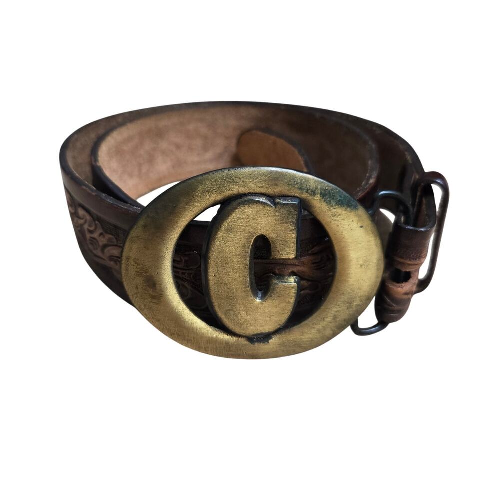 'C' Initial Brass Tone Metal Buckle Tooled Leather Full Grain Cowhide USA Made
